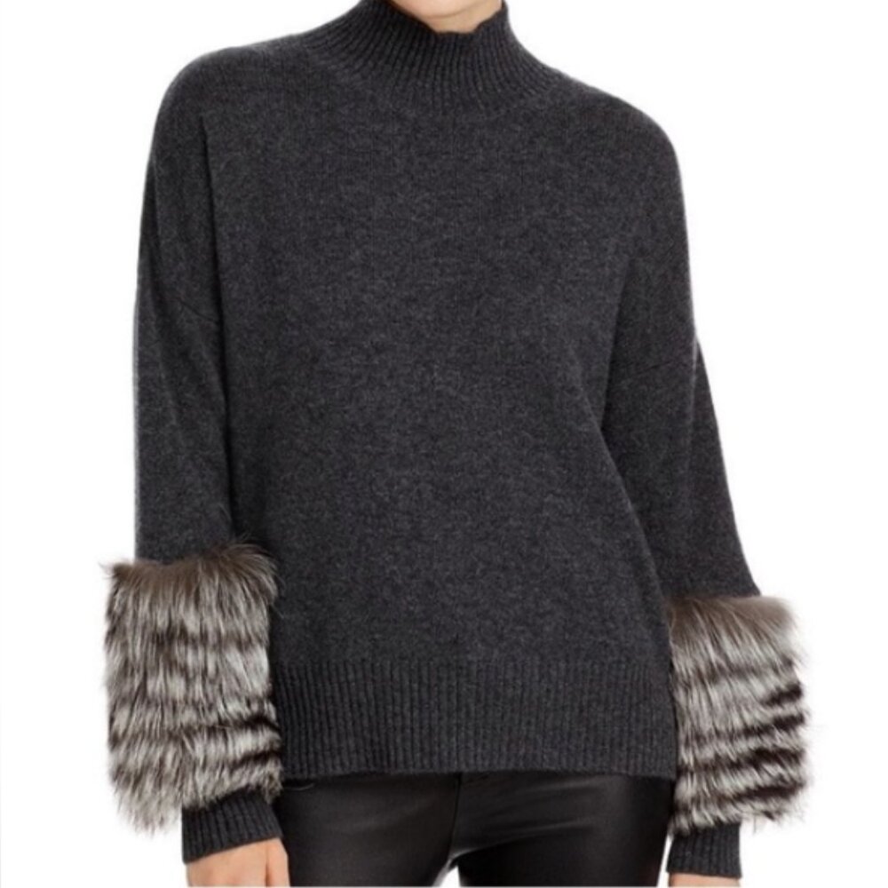 C By Bloomingdales Turtleneck Cashmere Sweater with Fox Fur Cuffs - Picture 1 of 11